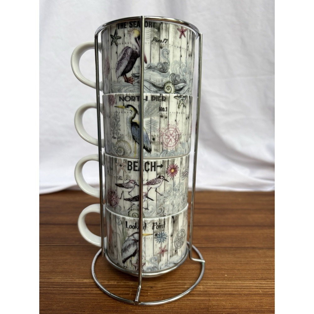 Pier 1 Coastal‎ Nautical Mug Set w Metal Rack Beach Sea Bird Ceramic Cups